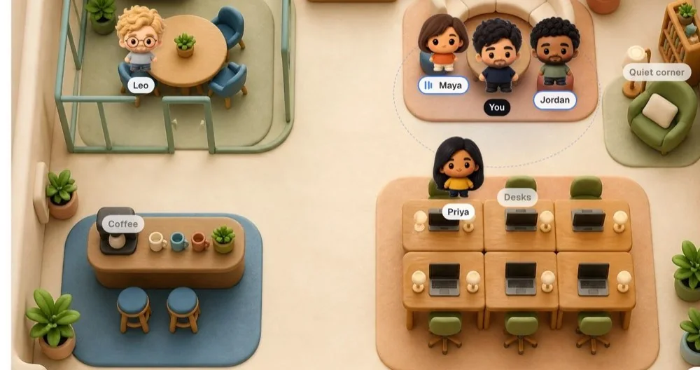 The OneKit Café, people at the desks, the lounge and the coffee bar